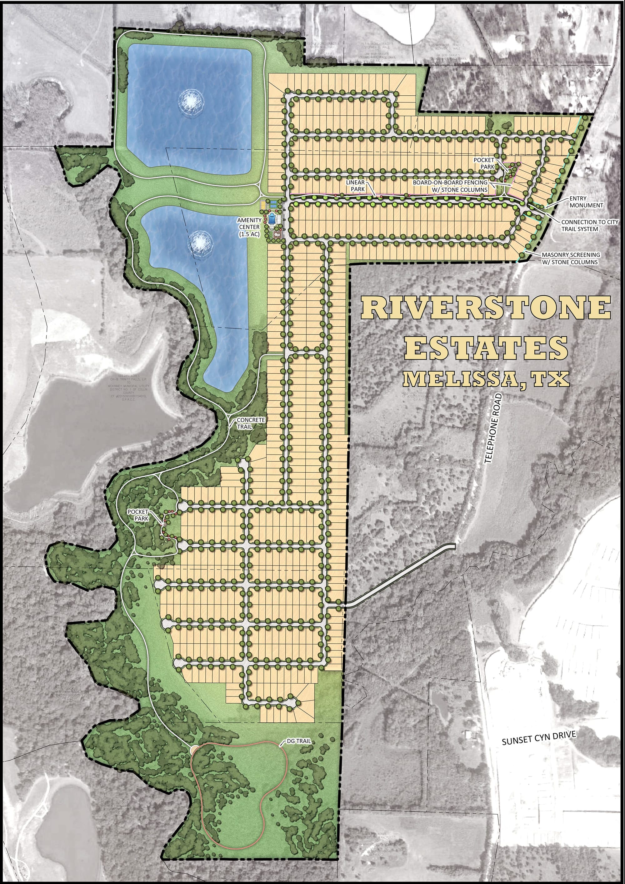 Full-color illustrated master land plan for Riverstone Estates in Melissa, Texas, showing 652 homesites, trail loops, and central amenity park